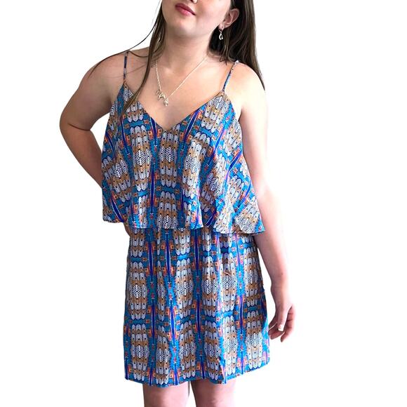 LEYDEN Womens DRESS MED Spaghetti Strap Tiered Bodice Lined V-Neck Blue White - Picture 3 of 9